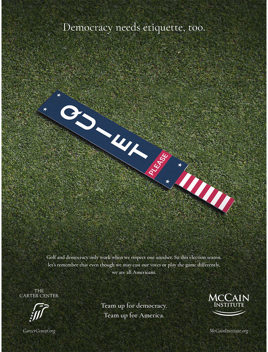 Democracy advertisement featuring golf