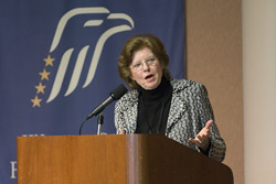 Huguette Labelle, chair of Transparency International, gives a keynote speech at the International Conference on the Right to Public Information. 